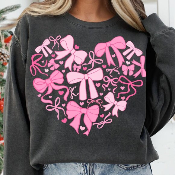 Coquette Valentine Heart Sweatshirt – Pink Valentine’s Day Bow Crewneck - Picture 1 of 2